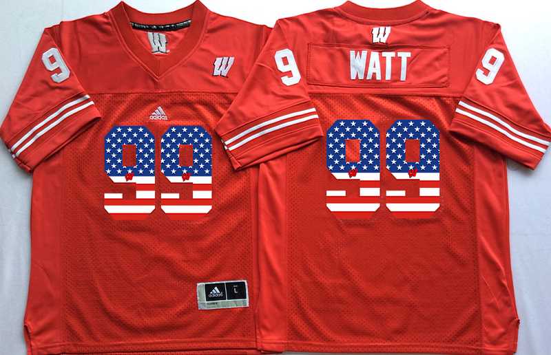 Wisconsin Badgers #99 J.J. Watt Red USA Flag College Stitched Jersey